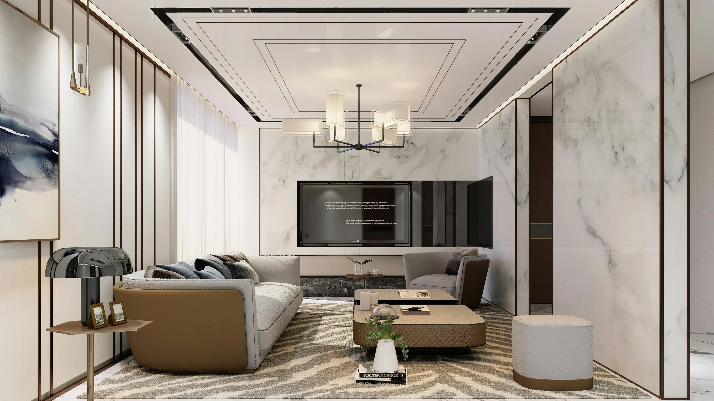 Contemporary living room with marble and sculptural furniture